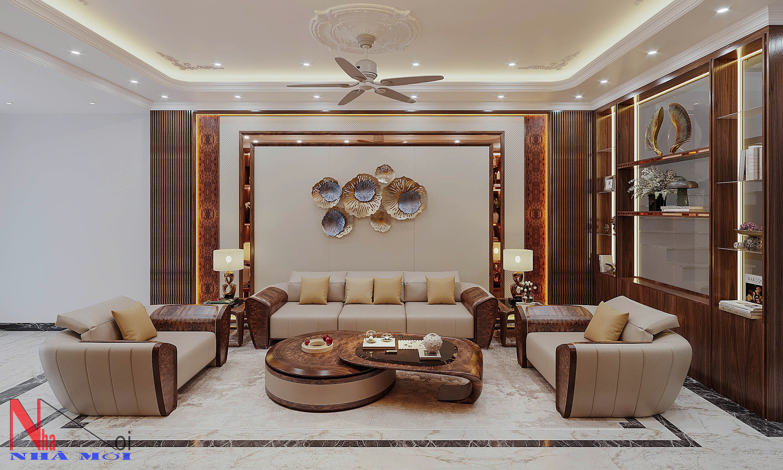Góc nhìn chính diện không gian sofa lớn với vách ốp đá tự nhiên và gỗ óc chó.