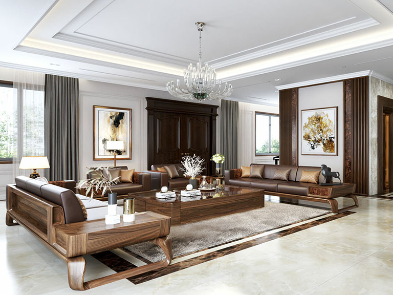 Không gian phòng khách đẳng cấp với sự kết hợp giữa gỗ óc chó và nội thất da cao cấp.