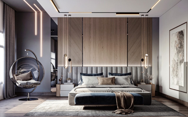 nội thất phòng ngủ đẳng cấp với sự kết hợp tinh tế giữa gỗ óc chó ấm áp và tông xám hiện đại.