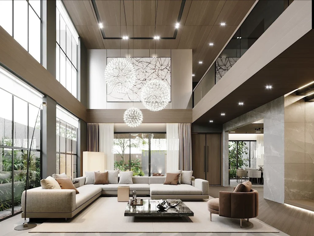 Mẫu phòng khách thông tầng hiện đại, không gian mở thoáng đãng cùng hệ đèn thả trần đầy nghệ thuật và ấn tượng.