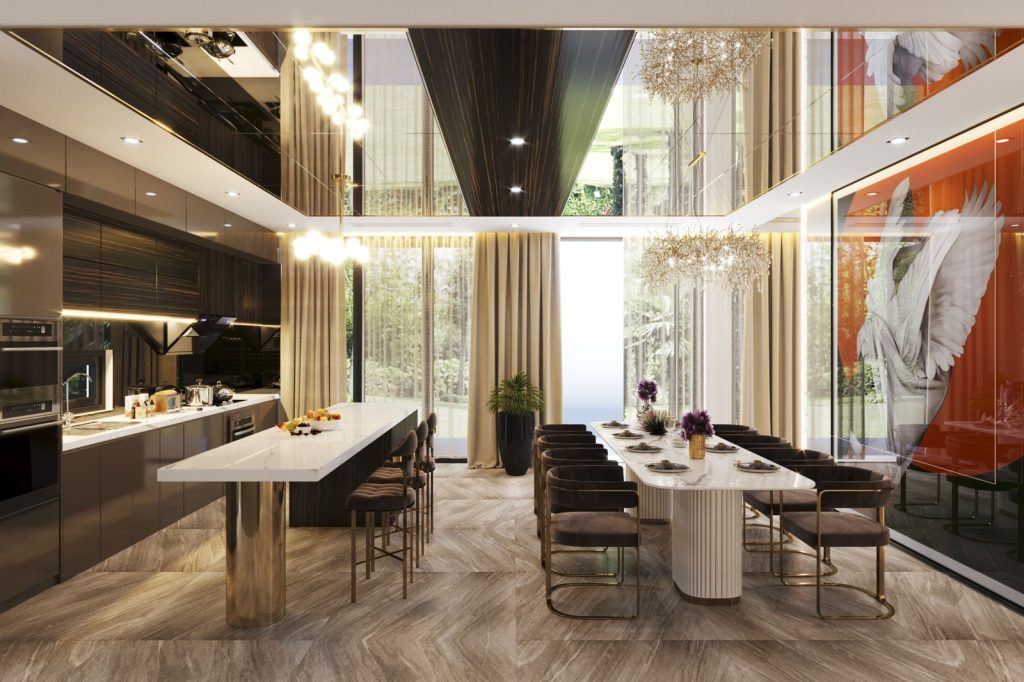 Không gian bếp và phòng ăn Luxury với trần gương độc đáo, mang đến vẻ đẹp lộng lẫy và phong cách thượng lưu.