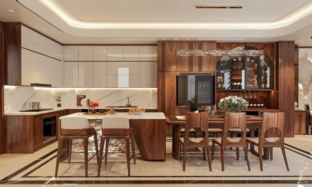 Thiết kế phòng bếp và bàn ăn gỗ óc chó thượng lưu, sự kết hợp hoàn hảo giữa tiện nghi hiện đại và vẻ đẹp sang trọng.