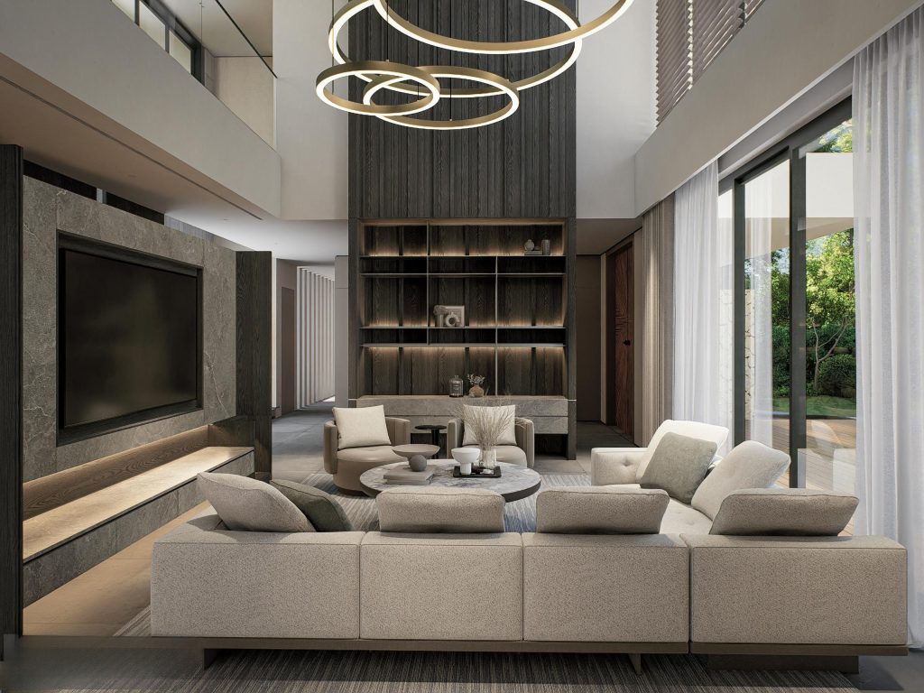 Phòng khách thông tầng hiện đại với gam màu trung tính, tạo nên không gian sống đẳng cấp và đầy nghệ thuật.