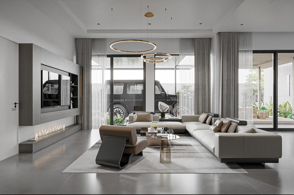 Phòng khách hiện đại với sofa da cao cấp, không gian mở view sân vườn tạo cảm giác thư giãn và sang trọng.