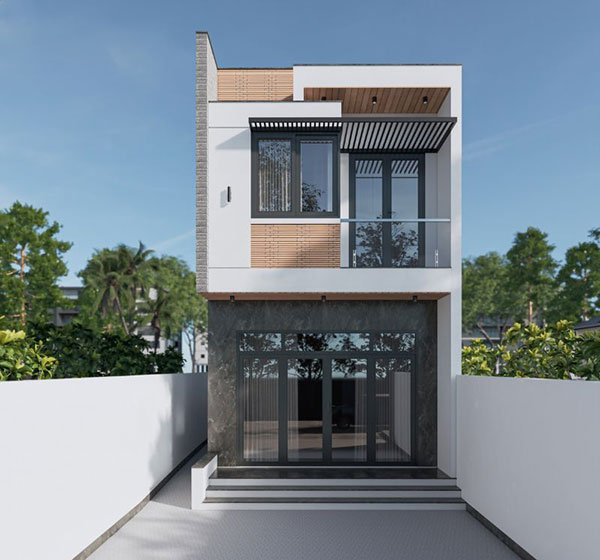 Mẫu nhà phố 2 tầng hiện đại với thiết kế tối giản, phối hợp hài hòa giữa chất liệu gỗ và kính sang trọng.
