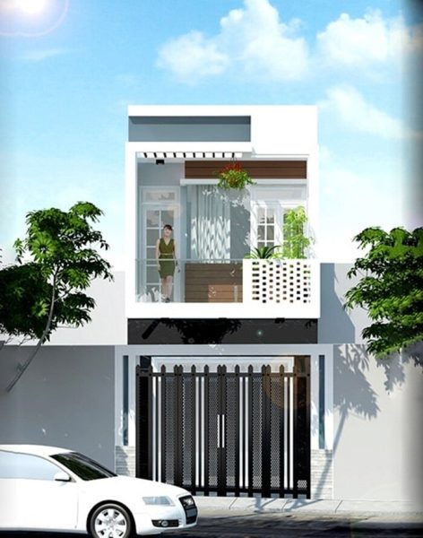 Thiết kế nhà phố 2 tầng trẻ trung, sử dụng tông trắng chủ đạo cùng ban công thông thoáng, hiện đại.