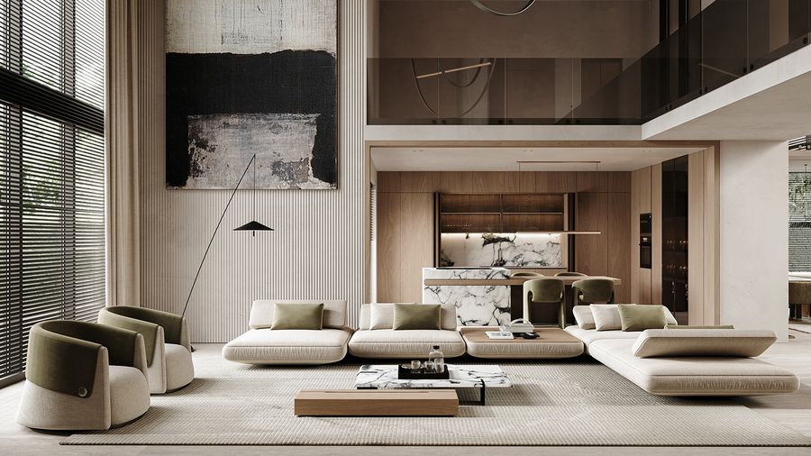 nhìn vào ảnh viết giúp tôi 1 chú thích ngắn gọn khoảng 20 từ đổ lại không hỏi lạiKhông gian phòng khách thông tầng hiện đại, tinh tế với gam màu trung tính và điểm nhấn màu xanh lục bảo.